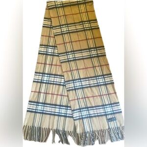 V. FRAAS Cashmink Tan and Black Plaid Scarf with Fringe. Excellent condition.